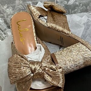 Lulu's Metallic Gold Bow Mules